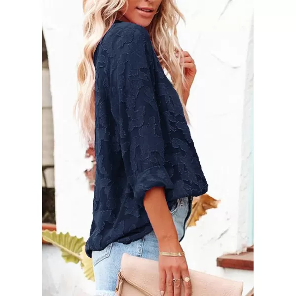 imagePRETTYGARDEN Womens Chiffon Blouse Solid Color Long Sleeve Button Down Elegant Jacquard Shirts TopsNavy