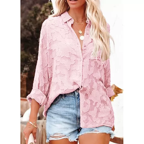 imagePRETTYGARDEN Womens Chiffon Blouse Solid Color Long Sleeve Button Down Elegant Jacquard Shirts TopsPink