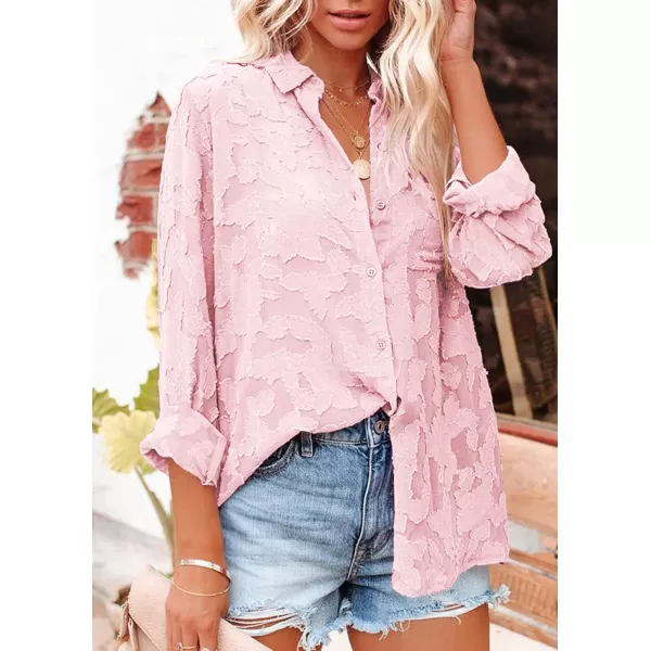 imagePRETTYGARDEN Womens Chiffon Blouse Solid Color Long Sleeve Button Down Elegant Jacquard Shirts TopsPink