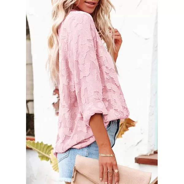 imagePRETTYGARDEN Womens Chiffon Blouse Solid Color Long Sleeve Button Down Elegant Jacquard Shirts TopsPink