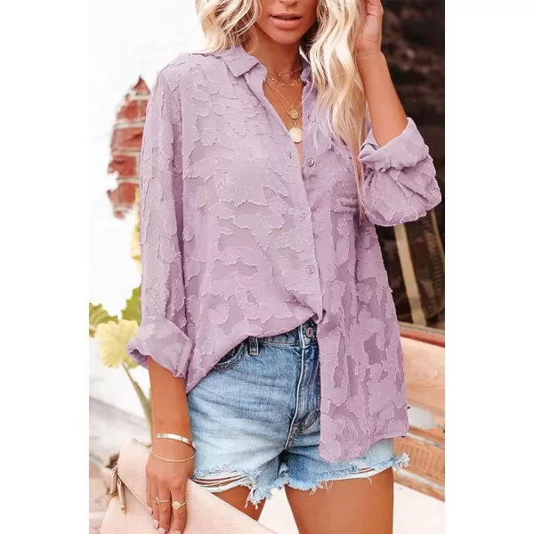 imagePRETTYGARDEN Womens Chiffon Blouse Solid Color Long Sleeve Button Down Elegant Jacquard Shirts TopsPurple