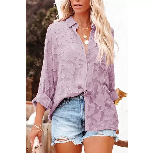imagePRETTYGARDEN Womens Chiffon Blouse Solid Color Long Sleeve Button Down Elegant Jacquard Shirts TopsPurple
