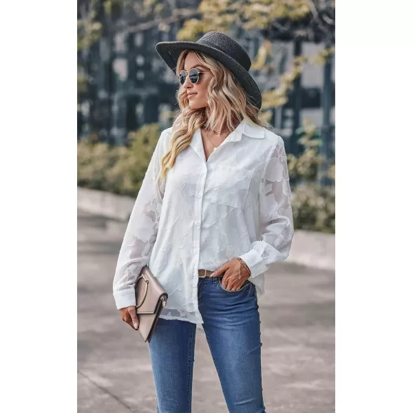 imagePRETTYGARDEN Womens Chiffon Blouse Solid Color Long Sleeve Button Down Elegant Jacquard Shirts TopsWhite