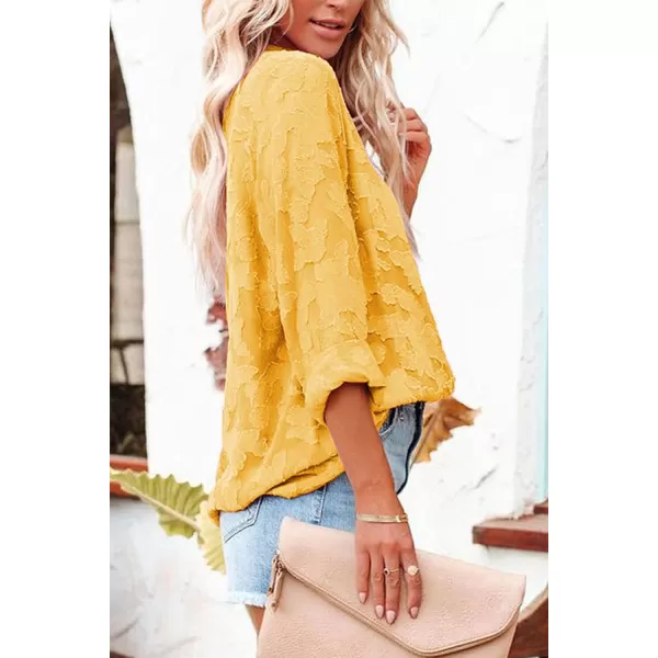 imagePRETTYGARDEN Womens Chiffon Blouse Solid Color Long Sleeve Button Down Elegant Jacquard Shirts TopsYellow