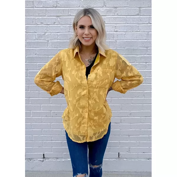 imagePRETTYGARDEN Womens Chiffon Blouse Solid Color Long Sleeve Button Down Elegant Jacquard Shirts TopsYellow