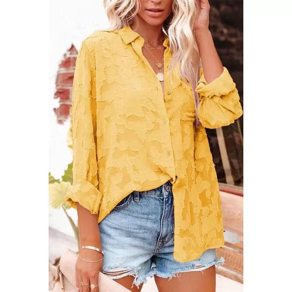 imagePRETTYGARDEN Womens Chiffon Blouse Solid Color Long Sleeve Button Down Elegant Jacquard Shirts TopsYellow