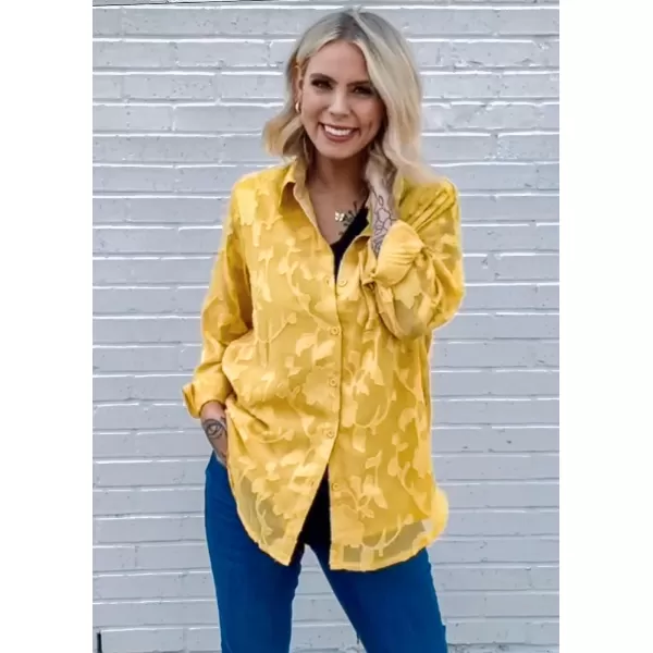 imagePRETTYGARDEN Womens Chiffon Blouse Solid Color Long Sleeve Button Down Elegant Jacquard Shirts TopsYellow