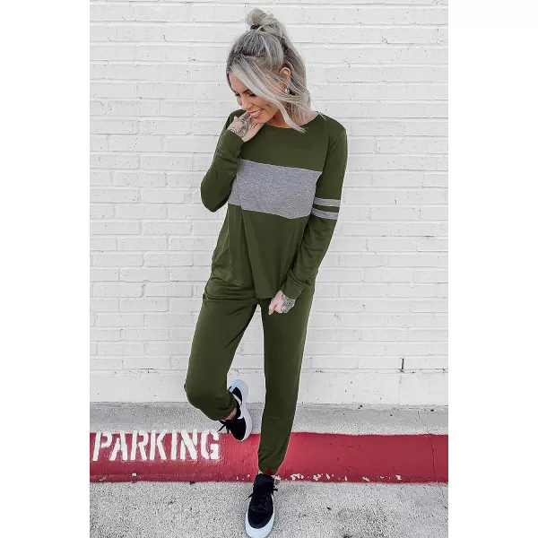 imagePRETTYGARDEN Womens Color Block 2 Piece Tracksuit Crewneck Long Sleeve Tops Long Sweatpants Outfits Lounge SetsArmy Green