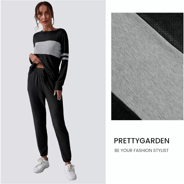imagePRETTYGARDEN Womens Color Block 2 Piece Tracksuit Crewneck Long Sleeve Tops Long Sweatpants Outfits Lounge SetsBlack