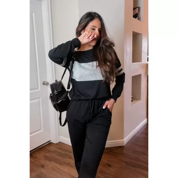 imagePRETTYGARDEN Womens Color Block 2 Piece Tracksuit Crewneck Long Sleeve Tops Long Sweatpants Outfits Lounge SetsBlack