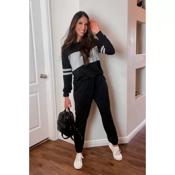 imagePRETTYGARDEN Womens Color Block 2 Piece Tracksuit Crewneck Long Sleeve Tops Long Sweatpants Outfits Lounge SetsBlack