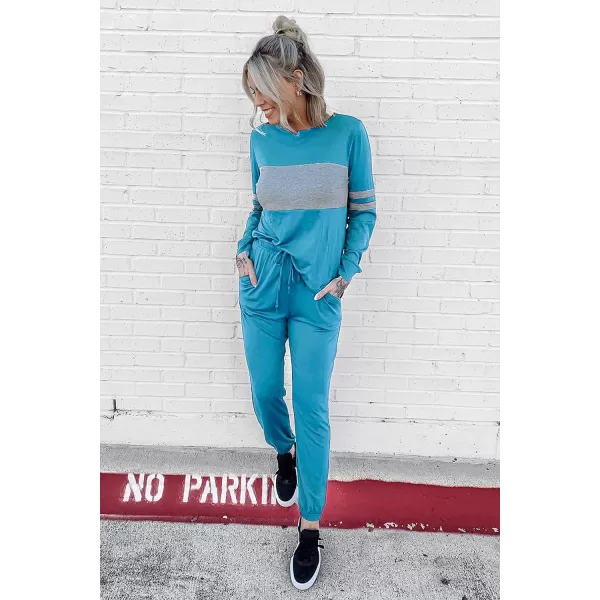 imagePRETTYGARDEN Womens Color Block 2 Piece Tracksuit Crewneck Long Sleeve Tops Long Sweatpants Outfits Lounge SetsBlue
