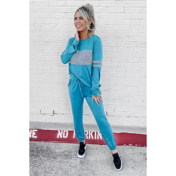 imagePRETTYGARDEN Womens Color Block 2 Piece Tracksuit Crewneck Long Sleeve Tops Long Sweatpants Outfits Lounge SetsBlue