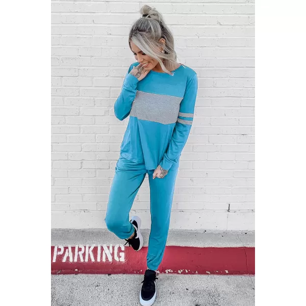 imagePRETTYGARDEN Womens Color Block 2 Piece Tracksuit Crewneck Long Sleeve Tops Long Sweatpants Outfits Lounge SetsBlue