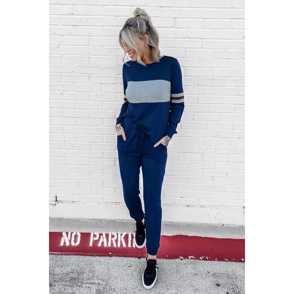 imagePRETTYGARDEN Womens Color Block 2 Piece Tracksuit Crewneck Long Sleeve Tops Long Sweatpants Outfits Lounge SetsBright Blue