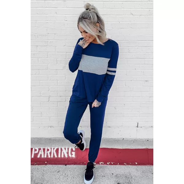 imagePRETTYGARDEN Womens Color Block 2 Piece Tracksuit Crewneck Long Sleeve Tops Long Sweatpants Outfits Lounge SetsBright Blue