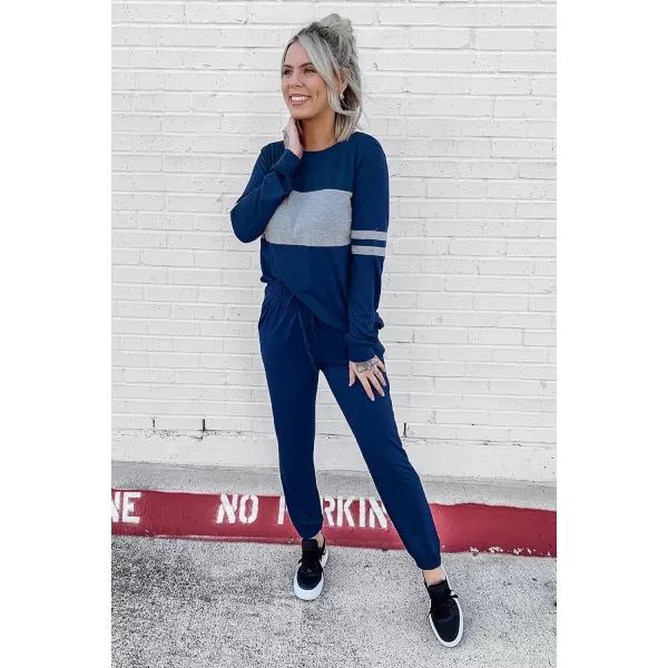 imagePRETTYGARDEN Womens Color Block 2 Piece Tracksuit Crewneck Long Sleeve Tops Long Sweatpants Outfits Lounge SetsBright Blue