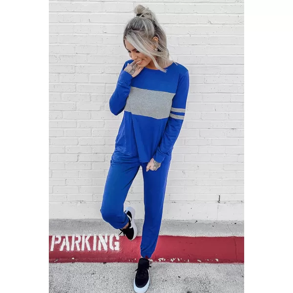 imagePRETTYGARDEN Womens Color Block 2 Piece Tracksuit Crewneck Long Sleeve Tops Long Sweatpants Outfits Lounge SetsDark Blue