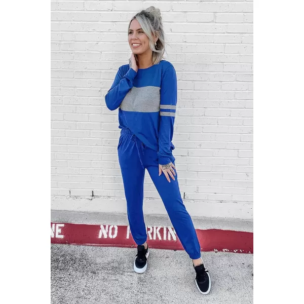 imagePRETTYGARDEN Womens Color Block 2 Piece Tracksuit Crewneck Long Sleeve Tops Long Sweatpants Outfits Lounge SetsDark Blue