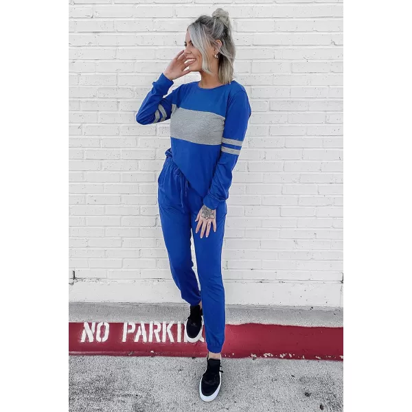 imagePRETTYGARDEN Womens Color Block 2 Piece Tracksuit Crewneck Long Sleeve Tops Long Sweatpants Outfits Lounge SetsDark Blue