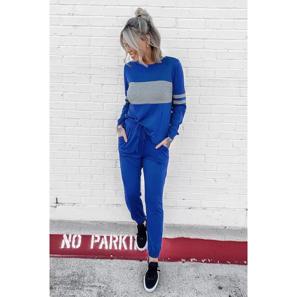 imagePRETTYGARDEN Womens Color Block 2 Piece Tracksuit Crewneck Long Sleeve Tops Long Sweatpants Outfits Lounge SetsDark Blue