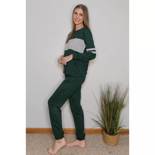 imagePRETTYGARDEN Womens Color Block 2 Piece Tracksuit Crewneck Long Sleeve Tops Long Sweatpants Outfits Lounge SetsDark Green
