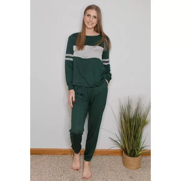imagePRETTYGARDEN Womens Color Block 2 Piece Tracksuit Crewneck Long Sleeve Tops Long Sweatpants Outfits Lounge SetsDark Green