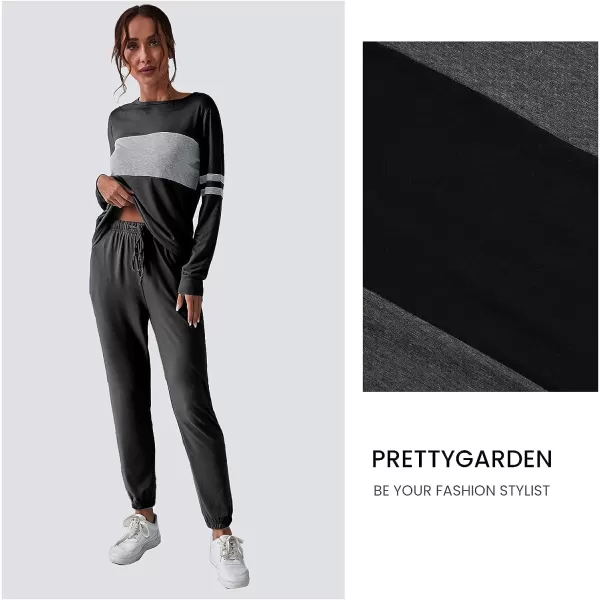 imagePRETTYGARDEN Womens Color Block 2 Piece Tracksuit Crewneck Long Sleeve Tops Long Sweatpants Outfits Lounge SetsDark Grey