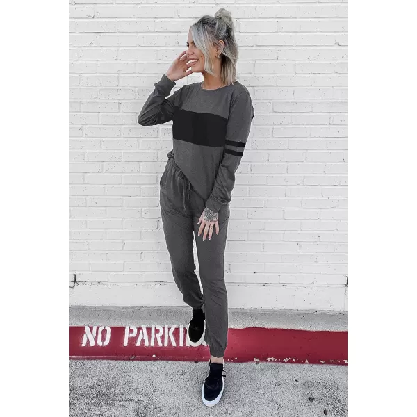 imagePRETTYGARDEN Womens Color Block 2 Piece Tracksuit Crewneck Long Sleeve Tops Long Sweatpants Outfits Lounge SetsDark Grey