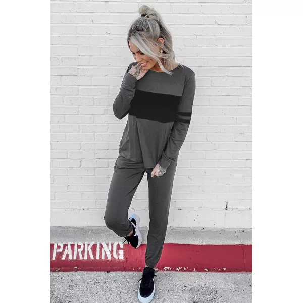 imagePRETTYGARDEN Womens Color Block 2 Piece Tracksuit Crewneck Long Sleeve Tops Long Sweatpants Outfits Lounge SetsDark Grey