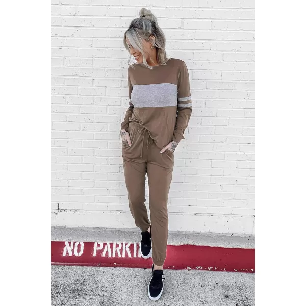imagePRETTYGARDEN Womens Color Block 2 Piece Tracksuit Crewneck Long Sleeve Tops Long Sweatpants Outfits Lounge SetsDark Khaki