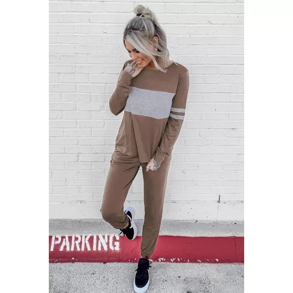 imagePRETTYGARDEN Womens Color Block 2 Piece Tracksuit Crewneck Long Sleeve Tops Long Sweatpants Outfits Lounge SetsDark Khaki