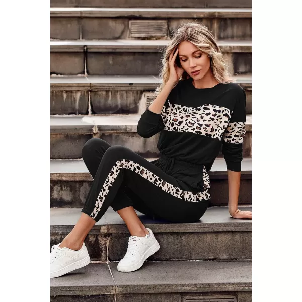 imagePRETTYGARDEN Womens Color Block 2 Piece Tracksuit Crewneck Long Sleeve Tops Long Sweatpants Outfits Lounge SetsLeopard Black