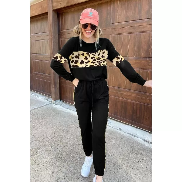 imagePRETTYGARDEN Womens Color Block 2 Piece Tracksuit Crewneck Long Sleeve Tops Long Sweatpants Outfits Lounge SetsLeopard Black