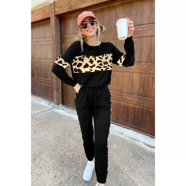 imagePRETTYGARDEN Womens Color Block 2 Piece Tracksuit Crewneck Long Sleeve Tops Long Sweatpants Outfits Lounge SetsLeopard Black