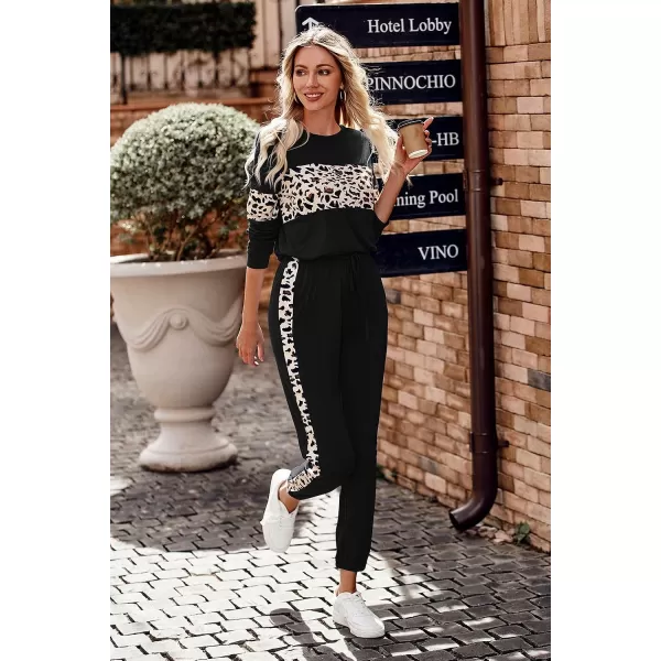 imagePRETTYGARDEN Womens Color Block 2 Piece Tracksuit Crewneck Long Sleeve Tops Long Sweatpants Outfits Lounge SetsLeopard Black