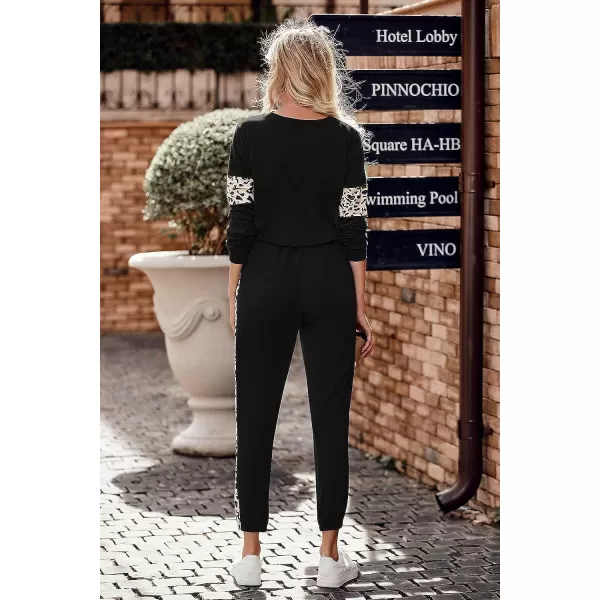 imagePRETTYGARDEN Womens Color Block 2 Piece Tracksuit Crewneck Long Sleeve Tops Long Sweatpants Outfits Lounge SetsLeopard Black