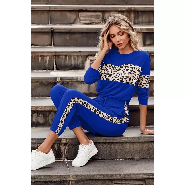 imagePRETTYGARDEN Womens Color Block 2 Piece Tracksuit Crewneck Long Sleeve Tops Long Sweatpants Outfits Lounge SetsLeopard Blue