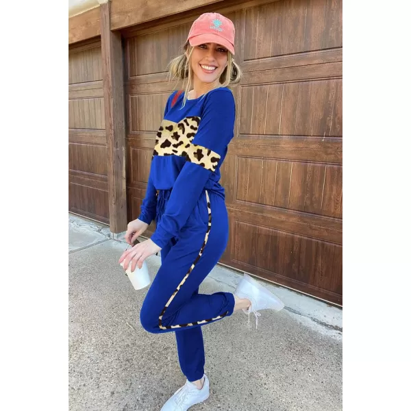 imagePRETTYGARDEN Womens Color Block 2 Piece Tracksuit Crewneck Long Sleeve Tops Long Sweatpants Outfits Lounge SetsLeopard Blue