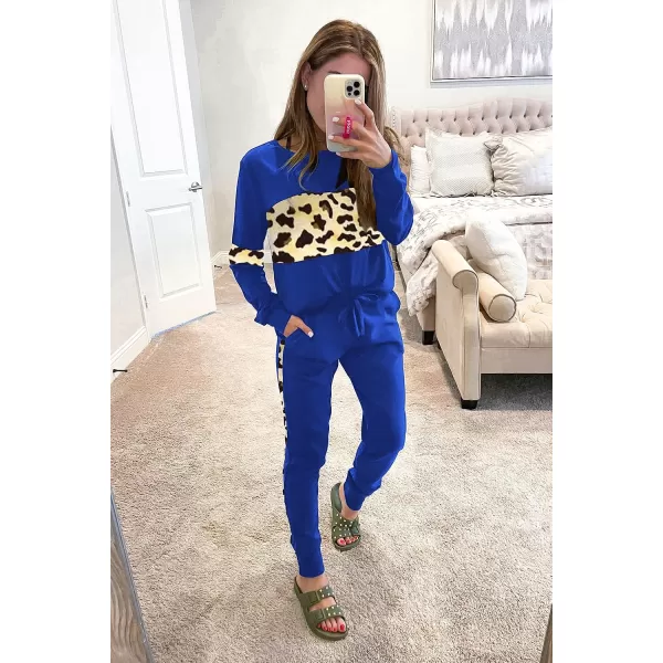 imagePRETTYGARDEN Womens Color Block 2 Piece Tracksuit Crewneck Long Sleeve Tops Long Sweatpants Outfits Lounge SetsLeopard Blue