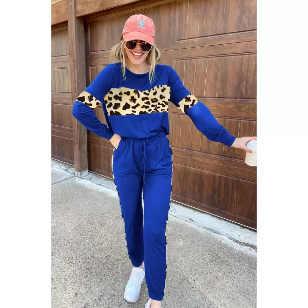 imagePRETTYGARDEN Womens Color Block 2 Piece Tracksuit Crewneck Long Sleeve Tops Long Sweatpants Outfits Lounge SetsLeopard Blue