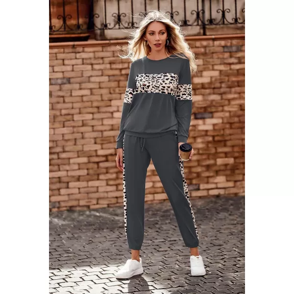 imagePRETTYGARDEN Womens Color Block 2 Piece Tracksuit Crewneck Long Sleeve Tops Long Sweatpants Outfits Lounge SetsLeopard Dark Grey