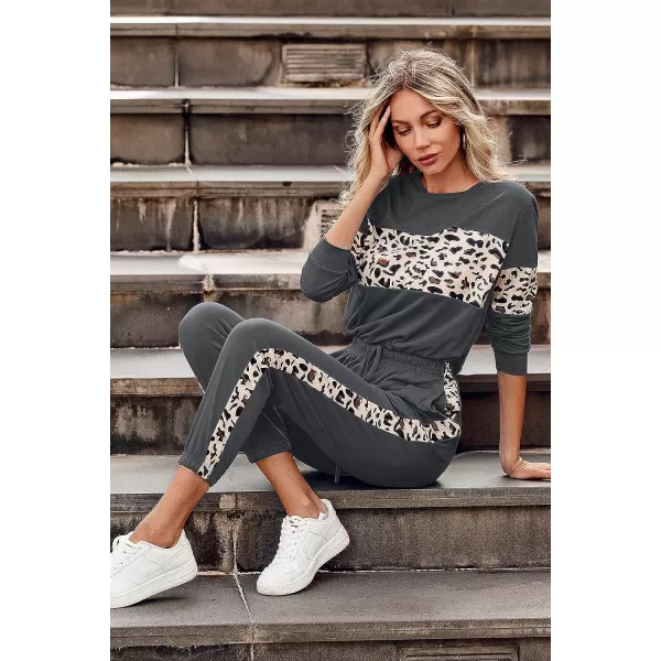 imagePRETTYGARDEN Womens Color Block 2 Piece Tracksuit Crewneck Long Sleeve Tops Long Sweatpants Outfits Lounge SetsLeopard Dark Grey