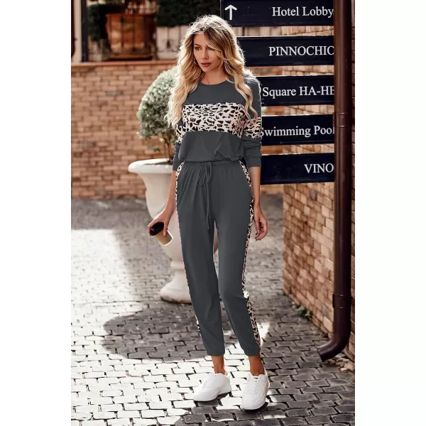imagePRETTYGARDEN Womens Color Block 2 Piece Tracksuit Crewneck Long Sleeve Tops Long Sweatpants Outfits Lounge SetsLeopard Dark Grey
