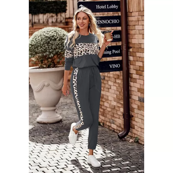 imagePRETTYGARDEN Womens Color Block 2 Piece Tracksuit Crewneck Long Sleeve Tops Long Sweatpants Outfits Lounge SetsLeopard Dark Grey