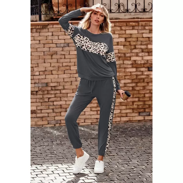imagePRETTYGARDEN Womens Color Block 2 Piece Tracksuit Crewneck Long Sleeve Tops Long Sweatpants Outfits Lounge SetsLeopard Dark Grey