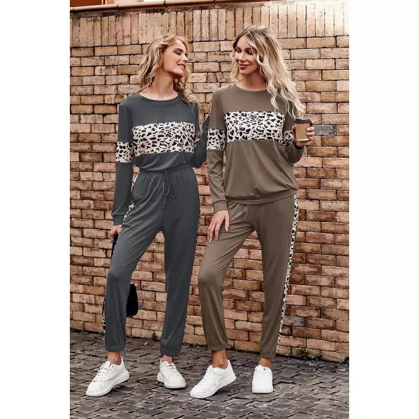 imagePRETTYGARDEN Womens Color Block 2 Piece Tracksuit Crewneck Long Sleeve Tops Long Sweatpants Outfits Lounge SetsLeopard Dark Khaki