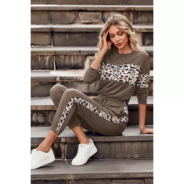 imagePRETTYGARDEN Womens Color Block 2 Piece Tracksuit Crewneck Long Sleeve Tops Long Sweatpants Outfits Lounge SetsLeopard Dark Khaki