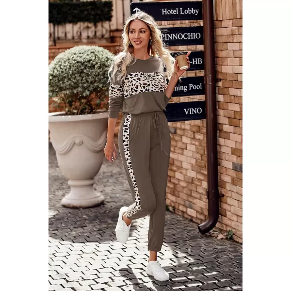 imagePRETTYGARDEN Womens Color Block 2 Piece Tracksuit Crewneck Long Sleeve Tops Long Sweatpants Outfits Lounge SetsLeopard Dark Khaki