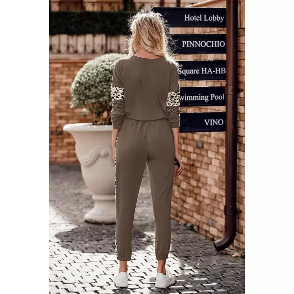 imagePRETTYGARDEN Womens Color Block 2 Piece Tracksuit Crewneck Long Sleeve Tops Long Sweatpants Outfits Lounge SetsLeopard Dark Khaki